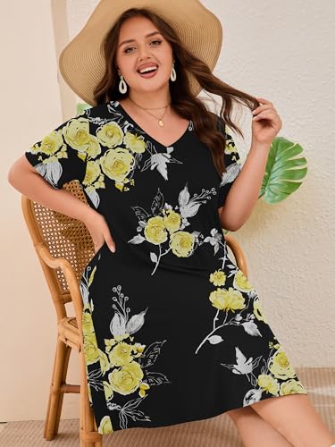 Image of AusLook Plus Size Midi Dress for Women Loose V Neck Short Sleeve Summer Casual A Line T Shirt Sundresses with Pockets 1X-5X