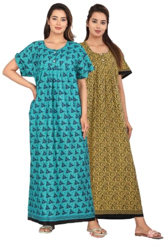 Image of Kuruti B Sheets Cotton Nighty for Women Jaipuri Print 2 Button Round Neck Short Sleeve Night Gown | Maxi Dress