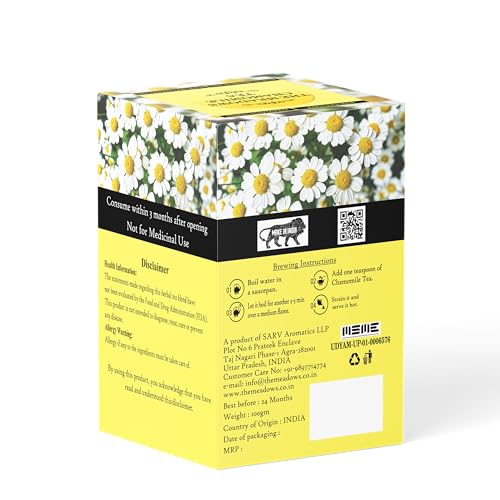 Image of The Meadows Calm Chamomile Tea - 100g - 150 Cups | Relaxing Herbal Infusion with Lemon Peel Notes (Pack of 1)