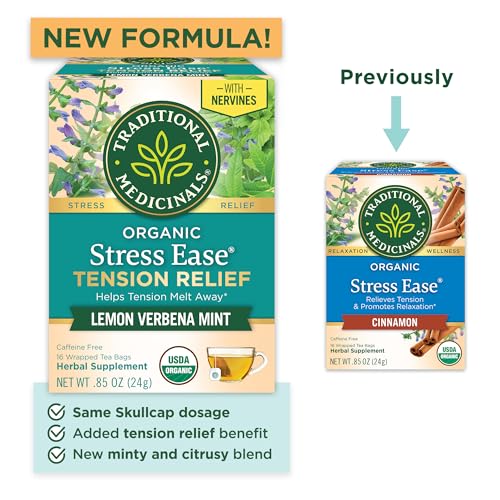 Image of Traditional Medicinals Organic, Stress Ease Tension Relief, Lemon Verbena Mint Tea - Supports Stress Relief - Kosher, Non-GMO, Caffeine-Free, Compostable - 16 Tea Bags