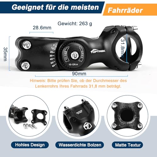 toptrek Fahrradlenker Vorbau, Lenkererhöhung Fahrrad 31,8mm, 90mm Fahrrad Lenker Aluminium, Lenkervorbau Verstellbar ±60° Einstellbar, Fahrradlenker Erhöhung Sechseckiges Lochdesign für MTB, Rennrad