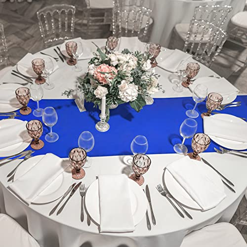 Image of 12 Pack 12x108 Inch Satin Table Runner and 84 Inch Round Plastic Tablecloths Set Royal Blue and White Disposable Table Cover for Graduation Wedding Bridal Shower Anniversary Birthday Party Decorations