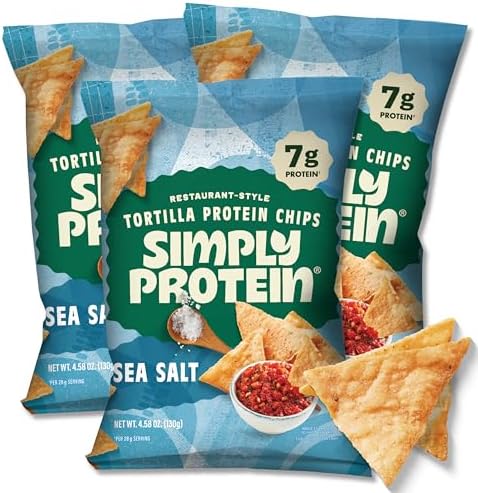 Simply Protein - Tortilla Chips, Restaurant Style Protein Chips, Sea Salt (3-Pack) - 7g Protein, 140 Calories, Gluten Free, Vegan - Plant Based Protein Snacks - Healthy Snacks - 3 Bags, 4.58oz (130g)