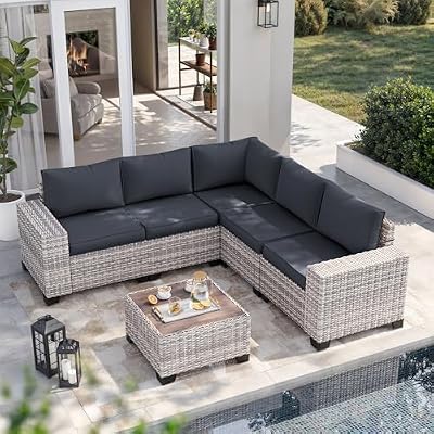 Muphyers 6-Piece Outdoor Patio Furniture Set Wicker Sectional Sofa Set, Patio Conversation Set with Thickened Cushions & Chunky Arms for Garden, Backyard, Poolside, Dark Grey
