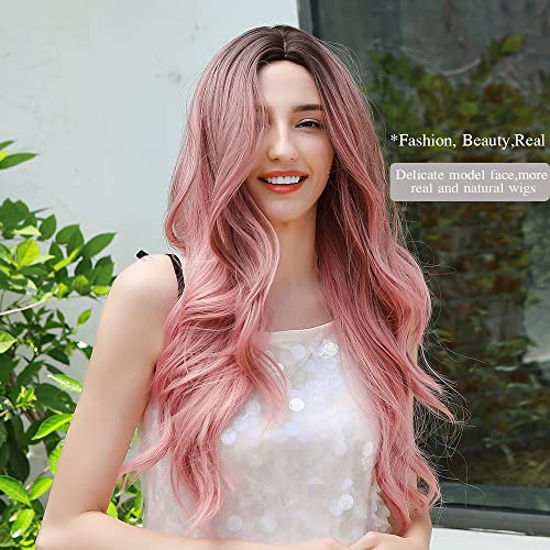 OUFEI Long Wavy Ombre Pink Wig for Women Natural Synthetic Hair Heat Resistant Ombre Wigs with Dark Roots for Daily Party Cosplay Wear - Image 2