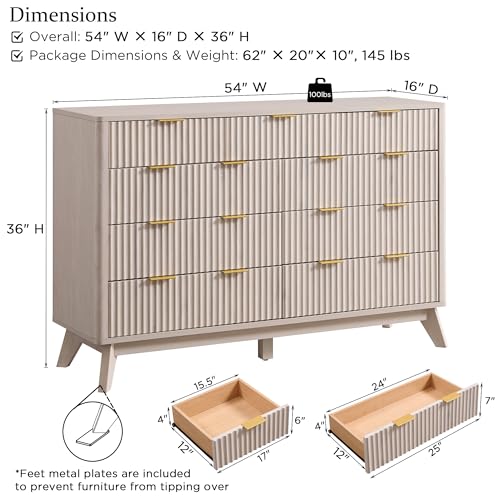 Image of T4TREAM 54 inch Wide Fluted 9 Drawer Dresser for Bedroom, White Alder | Mid Century Modern, Curved Profile, Metal Handles, Anti-tip Kit, Smooth Slides, for Living Room, Hallway