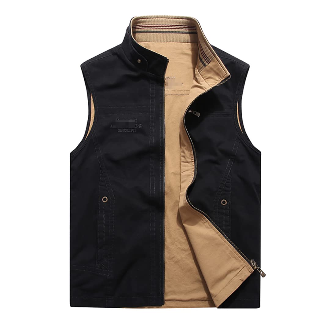 Gilet da uomo con cerniera a 5 tasche con colletto alla coreana Gilet da reporter con molte tasche Black M