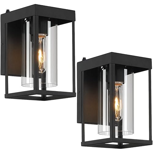 2-Pack Black Outdoor Wall Light Fixtures, Dusk to Dawn Exterior Wall Lantern Sconce, 9" H Outdoor Porch Light Wall Mount with Clear Glass Shade