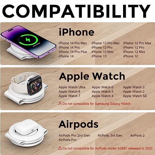 3 In 1 Charging Station For Apple, Hicober Travel Wireless Charger For Magsafe Charger Foldable Stand Compatible For Multple Devices For Apple Watch/Iwatch/Airpods/For Iphone 14 13 12 White #TOP5