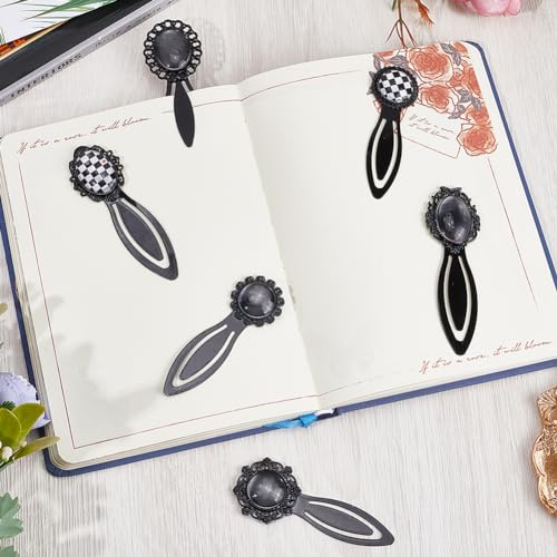 SUNNYCLUE 1 Box 12Pcs DIY 6 Sets Cabochon Bookmark Retro Style Black Metal Bookmarks Blanks Glass Dome Vintage Bookmark Bezel Tray Book Marks Clip Round Oval Clear Cabochons for Bookworm DIY Crafts - Image 4