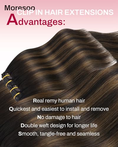 Image of Moresoo Dark Brown Human Hair Clip in Extensions Seamless 24 inch Long And Thick Full Real Human Hair Extensions Clip ins Balayage Dark to Light Brown 150g /7pcs for Party