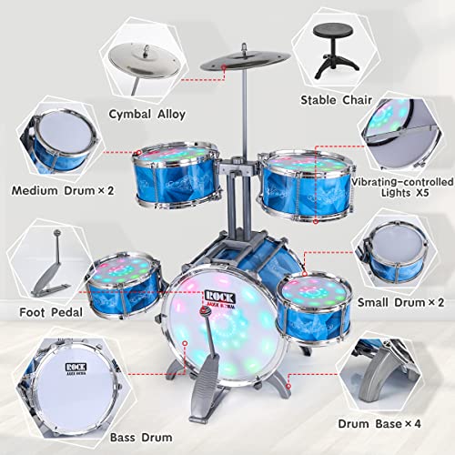 Kids Drum Set for Toddlers with 5 High Drums & Lights (Vibrating-Controlled) & Alloy, Drum Kit Musical Instruments Toys Boys Jazz Drum for Aged 1-3 3-5