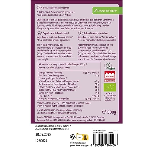 Aronia ORIGINAL Bio Aroniabeeren getrocknet 500 g | Schonend getrocknete Beeren | Vegan, ohne Konservierungsstoffe, ohne Zuckerzusatz (lt. Gesetz)
