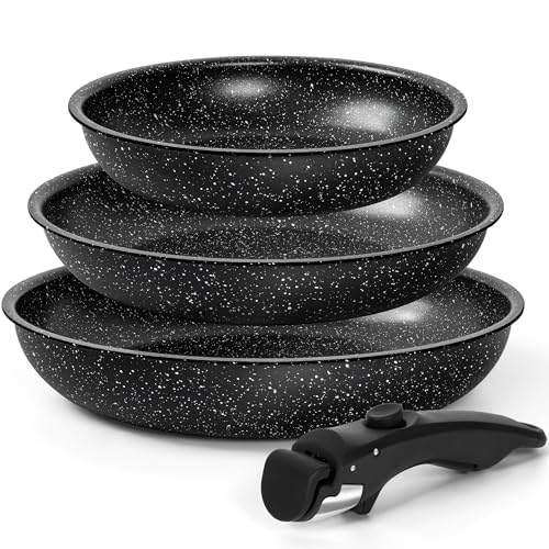 Jeu de 3 Poêles Antiadhésives MICHELANGELO à Revêtement Granit et Manche Amovible, 20-24-28 cm, Sans PFOA, Allant au Four, Noir