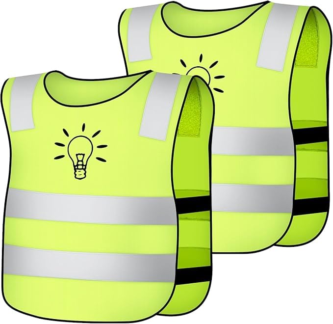 AYBUY 2er Warnweste Kinder, Warnwesten Auto, Reflektierende Jacke Kinder, Warnwesten Auto mit 360° Reflektierendes Band, Sicherheitsweste Kinder für Schulen, Sport, Laufen (Glühbirnen Muster)