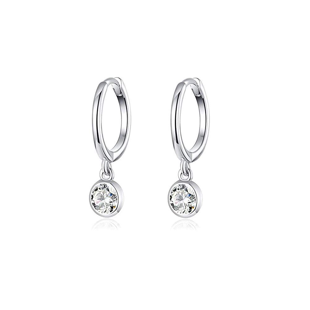 IUokLU Bezel Dangle Hoop Earrings for Women Girls 925 Sterling Silver Charms Minimalist Tiny Round Cubic Zirconia Drop Dangling Cartilage Helix Tragus Diamond Solicate Hypoallergenic Jewelry
