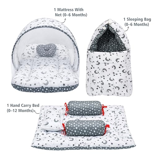 Image of Fareto Combo of Baby Bed with Net | Carry Bag | 4 Pcs Bedding Set (0-6 Months, Baby Size, Cotton) (Grey Moon)