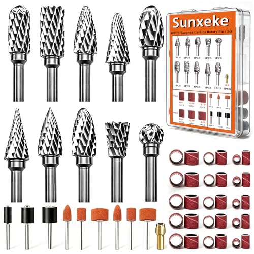 Sunxeke 80PCS Tungsten Carbide Rotary Burr Set with Sanding Drums 1/8-Inch Shank Dual Cut for Dremel Tools Metal Steel Aluminum Wood Engraving Grinding Cutting Polishing Rotary Tool Accessories