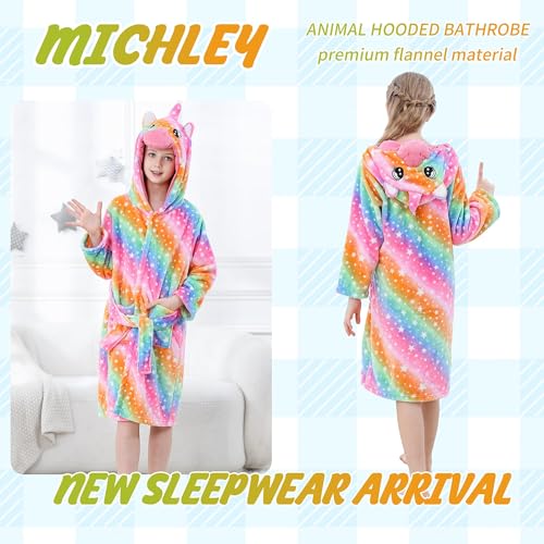 Image of MICHLEY Unisex Boys Girls Hooded Bathrobe Soft Fuzzy Toddler Cartoon Robe Animal Plush Sleepwear for Kids 3-13 Years