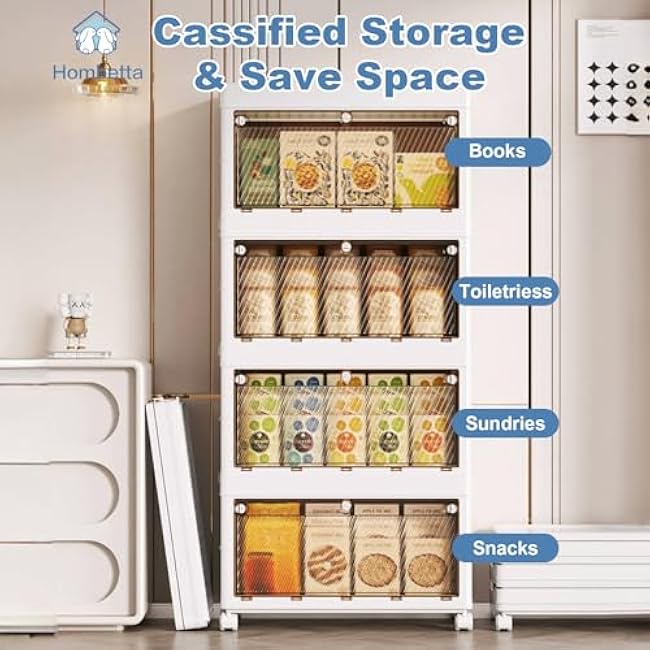 Hobetta Storage Bins with Lids, Folding Storage Box with Handle and Wheels, Stackable Closet Organizers, Plastic Storage Cabinet for Bedroom Study Office, 1PC