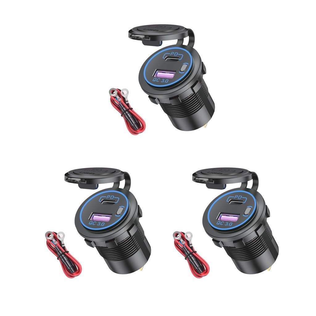 3 zestaw uniwersalnych gniazd zapalniczki motocyklowej adapter ładowania USB motocykl łódź SUV ładowarka ochrona przed przeciążeniem samochodowe niebieskie światło
