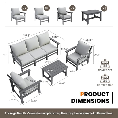 Image of HDPE Patio Furniture Set 6 Piece Outdoor Furniture Sets Modular Sofa Set with Cushion All Weather Patio Conversation Set for Yard Garden Poolside Deck