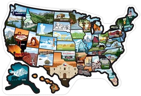 RV State Sticker Travel Map of The United States, Travel Trailer Camper Accessories, 19x13" Map RV Decals for Window Door Wall, 50 State Bumper Stickers with Scenic Illustrations - See Many Places