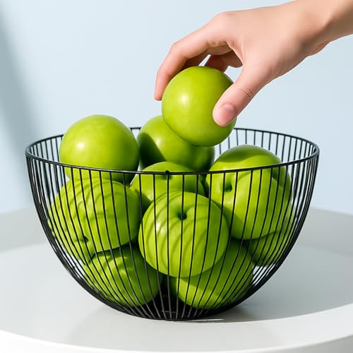 AMERTEER Big Fruit Bowl Wave Fruit Basket Metal Wire Vegetable Bowl Large Round Storage Baskets Creative Bread Fruit Candy Dish for Table Living Room Kitchen Pantry Office (Black)