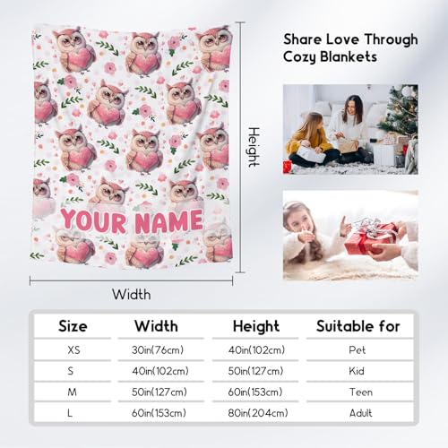 Custom Owl Throw Blanket, Cozy Flannel Throw Blankets for Couch Office, Cute Soft Throw Gifts for Women, Pink 60"x80"