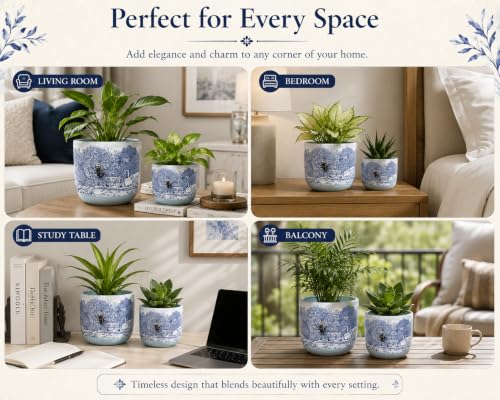 Image of Glass Finish Terracotta Planter Pot for Home Decor | Flower Pot | Blue and White, Vrindavan Forest Krishna and Peacock Theme, 11.4cm x 10cm