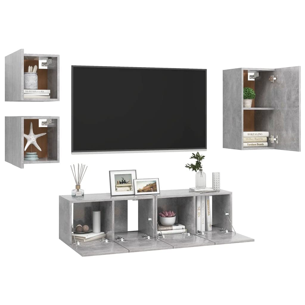 TV-Möbel-Set, 5-teilig, Grau, Beton, Holz, mehrschichtig