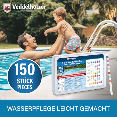 Veddelholzer Paski testowe 7 w 1 (150 sztuk) – pomiar wartości pH, wolnego chloru, bromu, całkowitej twardości, kwasu cyjanurowego i zasadowości