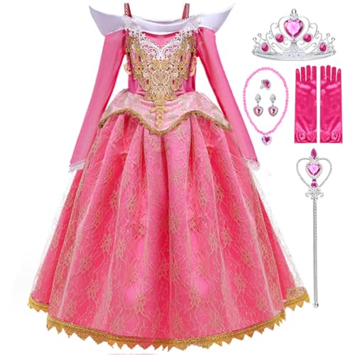 Luzlen Princess Aurora Costume for Girls Toddler Sleeping Beauty Dress Up Birthday Halloween Cosplay Outfits Pink, 5-6Y(Tag 130)