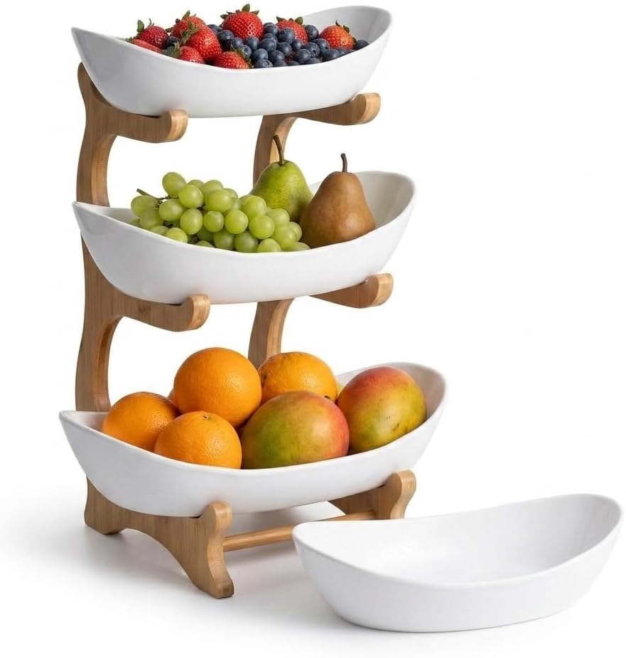 3-Tier Plastic Fruit Bowl Stand with Sturdy Bamboo Frame – Large Tiered Kitchen Counter Organizer for Fruits, Snacks, Vegetables & Serving Display