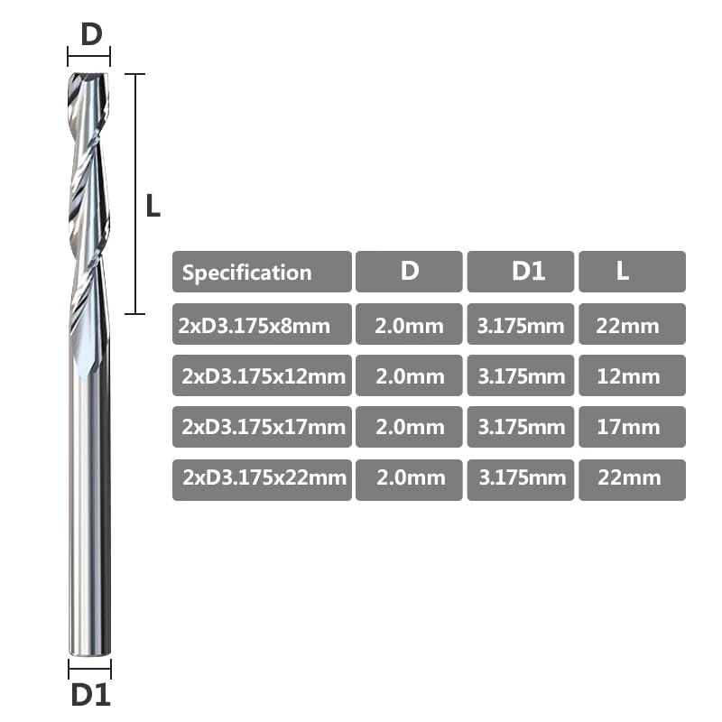Ddyspan 10pcs Diameter 2.0mm 2 Flute Flat End Mill 3.175mm Shank Spiral Router Bit CNC Micro End Mills Carbide Milling Cutter,2.0xD3.175x8
