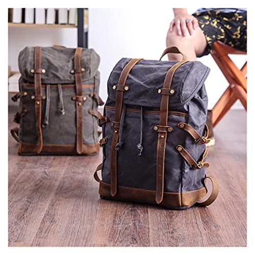 Waxed Canvas Backpack For Men Vintage Leather Mens Racksack Large Mens Backpack Bag(Army green)2