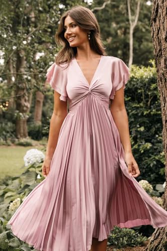 SoDigne Tea Length Pleated Bridesmaid Dresses for Women Flutter Sleeve V Neck Midi Formal Evening Gown2