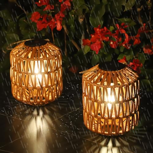 2 Pack Solar Lanterns Outdoor Waterproof, Rattan Solar Lights for Yard, Outdoor Garden Lights...