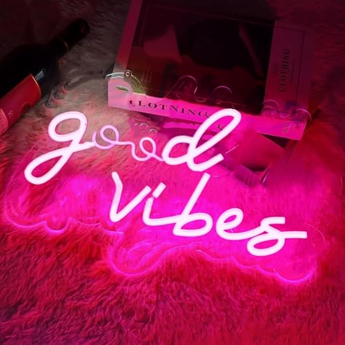 Image of Large Pink Neon Good Vibes Signs LED Dimmable USB Powered Cood Vibes Banner Decorative Night Lights Neon Lamps for Bedroom Living Room Apartment Bar Wedding Party Wall Background Decor Art, 16.5x8IN