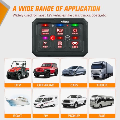Image of Nilight 6 Gang Switch Panel Green 12V 60A Circuit Control System 4-Mode | Fuse Wiring Harness Automatic Dimmable LED Pod Toggle /Momentary /Strobe /Flash Modes for Car Pickup Truck Camper SUV