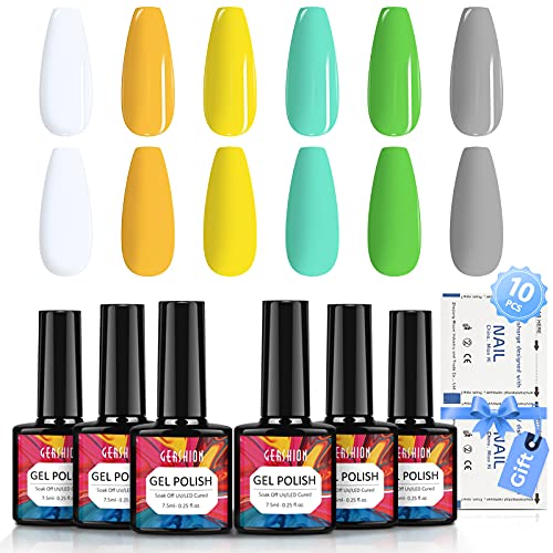 GERSHION Gel Nail Polish Set, 6 Colors Gel Polish Kit Nail Polish Gel with 10 Pcs Nails Remover Wraps, Nail Polish Soak Off UV LED Cured, 7.5ML Each Bottle H-21