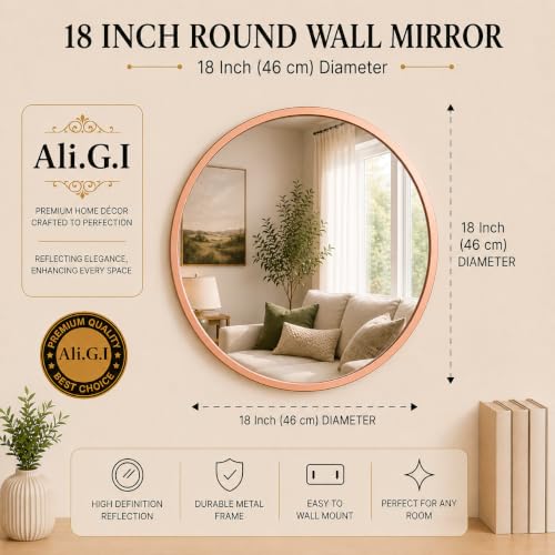 Image of Ali.G.I Round Wall Mirror, Modern Metal Framed Decorative Circle Vanity Mirror for Bathroom, Living Room, Bedroom & Entryway (Rose Gold 18 inch)