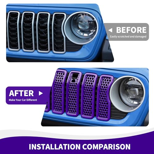 Image of RAZPOY JL Grill Inserts, 7PCS Front Mesh Grille Cover Guard Compatible with 2024 Jeep Wrangler JL 4XE & Gladiator JT, Purple (with Camera)