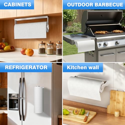Image of Paper Towel Holder Under Cabinet, Stainless Steel, Adhesive or Screw Mount, Fits Standard & Mega Rolls, Wall Mount Rack for Kitchen, Bathroom, RV, Silver