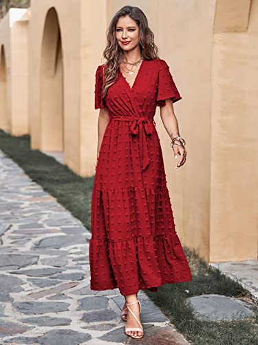 Image of MASCOMODA Women Boho Swiss Dot Maxi Dresses Wrap V Neck Flutter Short Sleeve Solid Tie Waist A Line Tiered Flowy Long Dresses