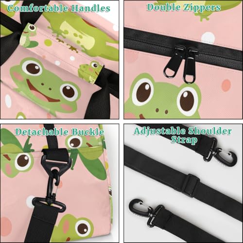 Funny Green Frog Gym Travel Duffle Bag for Boys - Gymnastics Sports Dance Bag with Front Zipper Pocket for School Practice or Overnight Travel Weekender Sleepover Tote Bag Cute Frog Print4