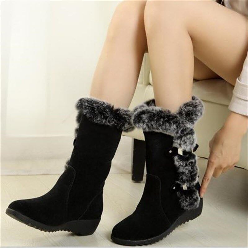 Image of Winter Women Boots Casual Warm Fur Mid-Calf Boots shoes Slip-On (Black, 41)