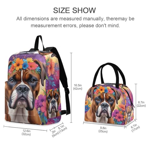 Backpack Lunch Box Set Large Capacity Travel Backpacks and Insulated Lunch Bag for Commute Hiking Picnic Hippie Boxer Dog Print2