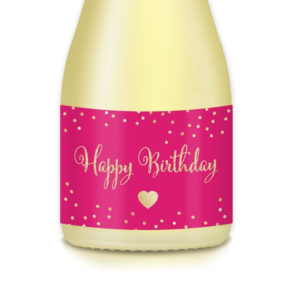 Woman's Birthday Party Gift Ideas, Decorations, Set of 20 Hot Pink Sparkling Mini Champagne or Mini Wine Bottle Labels Celebrate College Roommate, BFF, Sister, Girl Cousin, Coworker Happy B-day Decals