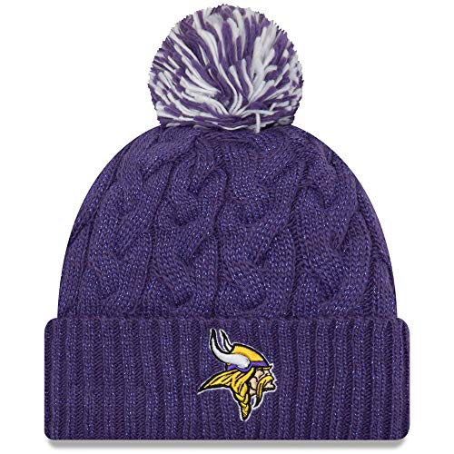 New Era Womens NFL Cable Knit Team Logo Wordmark Tech Cuffed Pom Beanie Cold Weather Knit Hat - Minnesota Vikings - Purple